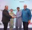 Mr.Athar Mehboob (VC Alkauser University) Receving Momento from Javed Miandad ( Ex. Captain Pakistan Team) on the occasion of Graduation ceremony of Helping Hand under-15 Karachi Boys cricket skill development program